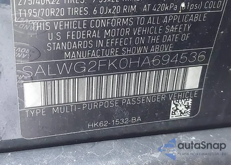 2017 Land Rover Range Rover Sport 3.0L V6 Turbocharged Diesel Se Td6 из США, поврежденный, VIN SALWG2FK0HA694536